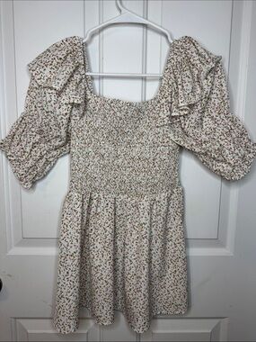 Floral Smocked Puff Sleeve shirt- Cream with Pink & Green